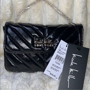 Nicole Miller Shiny Black Quilted Clutch